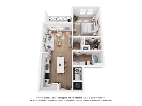 A 3D floor plan of a small apartment with a kitchen, living room, and bathroom.